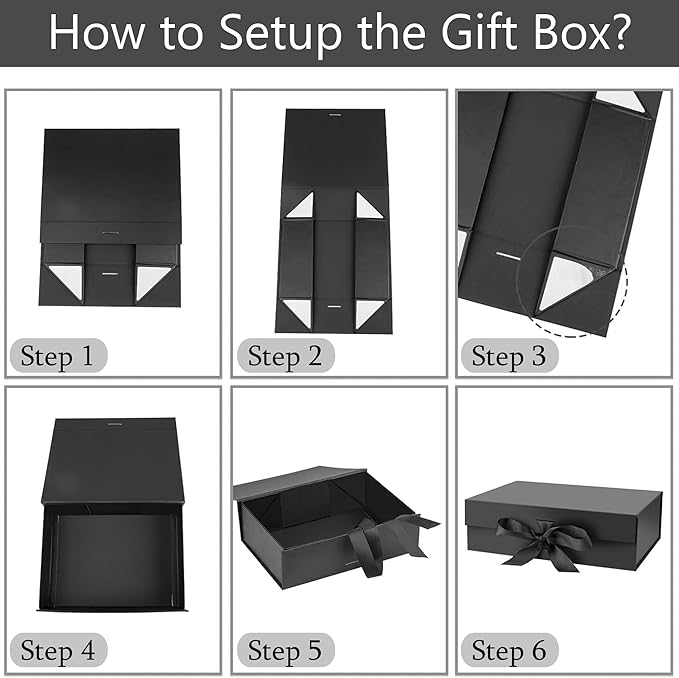 Luxury Black Gift Box with Gift Bag and Ribbon, Large Gift Boxes 32x20x10cm with Lid Magnetic Closure, Spacious Gift Boxes for Men, Women, Birthday, Wedding, Party, Valentine, Christmas, صندوق هدايا