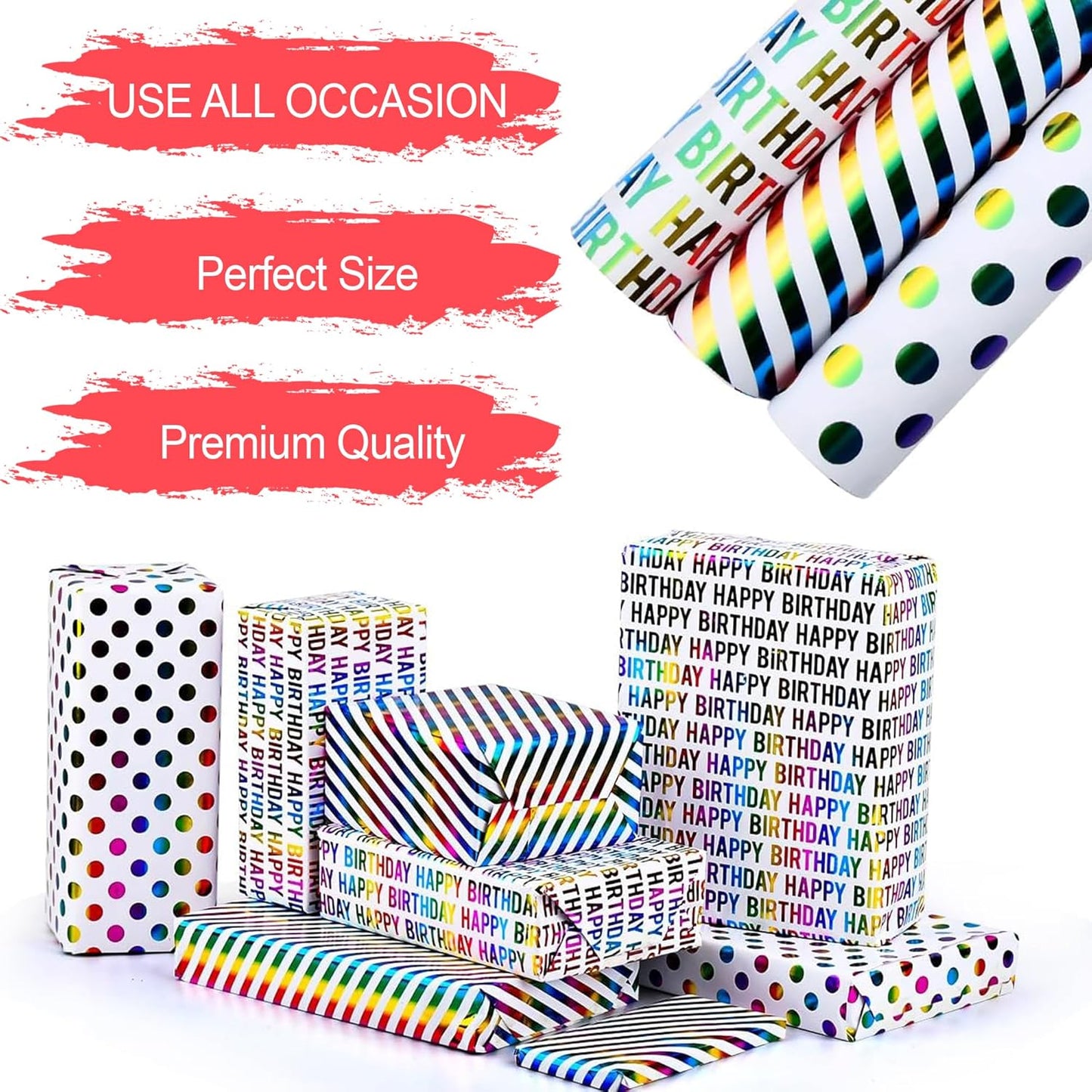 Birthday Wrapping Paper Rolls, 3 rolls 43CM x 3M Per Roll, Gift Wrapping Paper Colorful Birthday Design for Party, Holiday, Baby Shower, Thick Gift Wrap Paper ورق تغليف هدايا