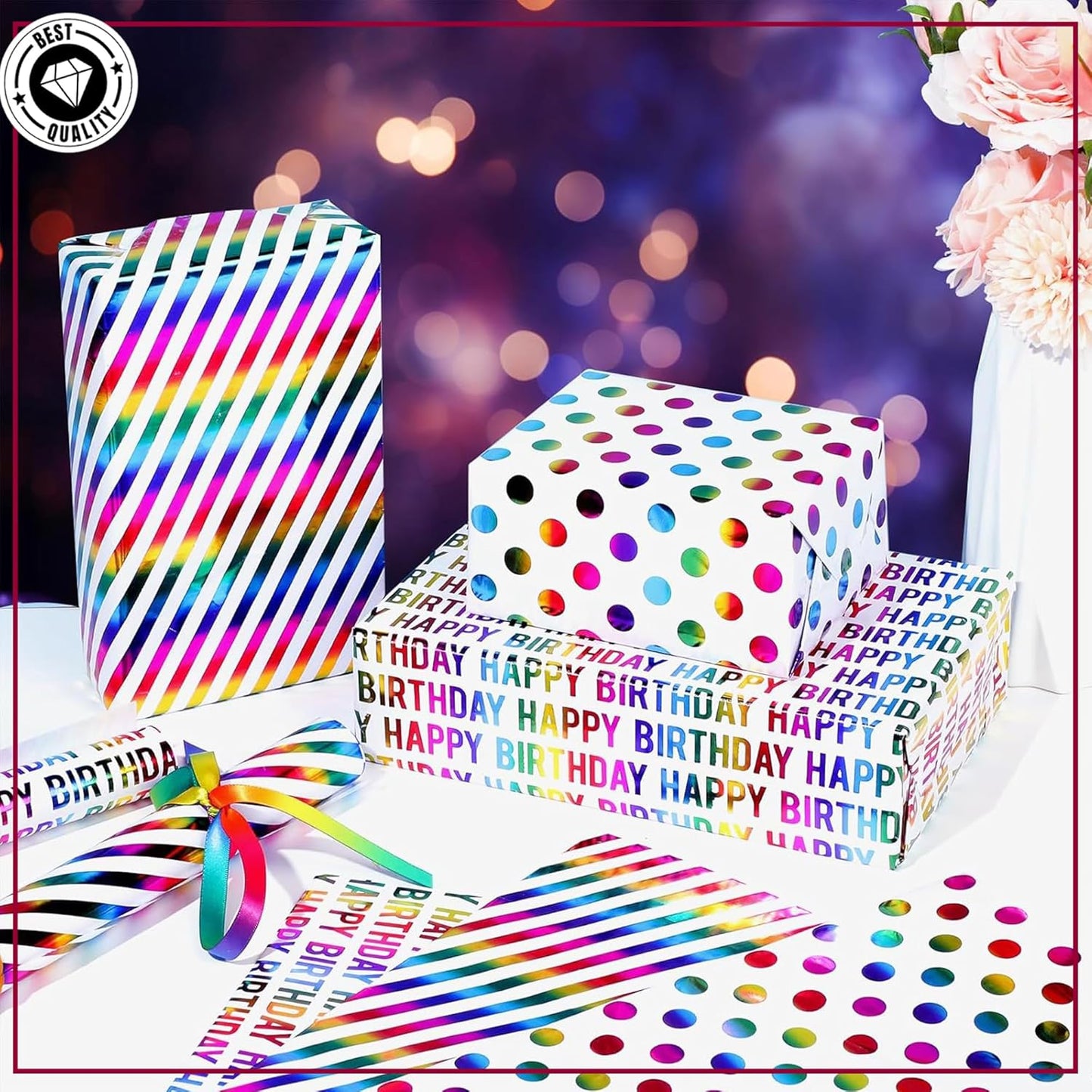 Birthday Wrapping Paper Rolls, 3 rolls 43CM x 3M Per Roll, Gift Wrapping Paper Colorful Birthday Design for Party, Holiday, Baby Shower, Thick Gift Wrap Paper ورق تغليف هدايا