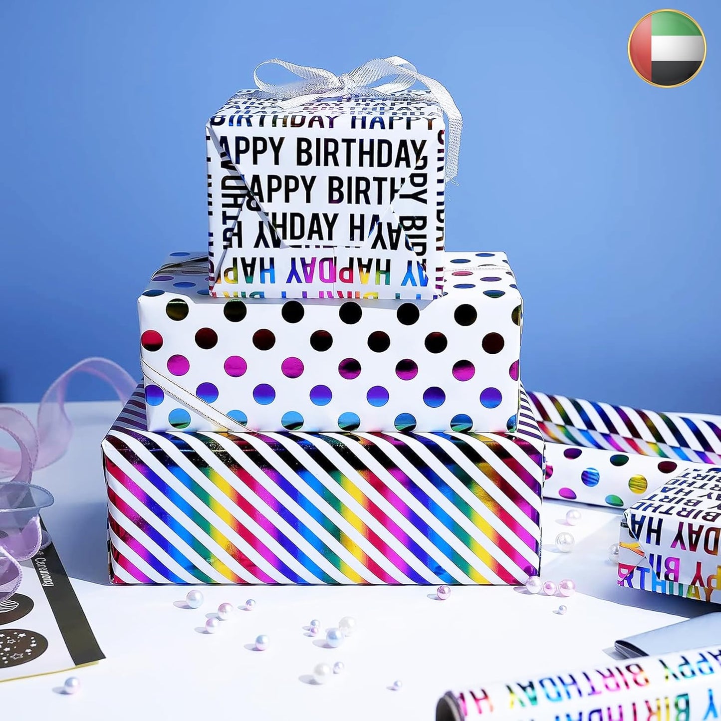 Birthday Wrapping Paper Rolls, 3 rolls 43CM x 3M Per Roll, Gift Wrapping Paper Colorful Birthday Design for Party, Holiday, Baby Shower, Thick Gift Wrap Paper ورق تغليف هدايا
