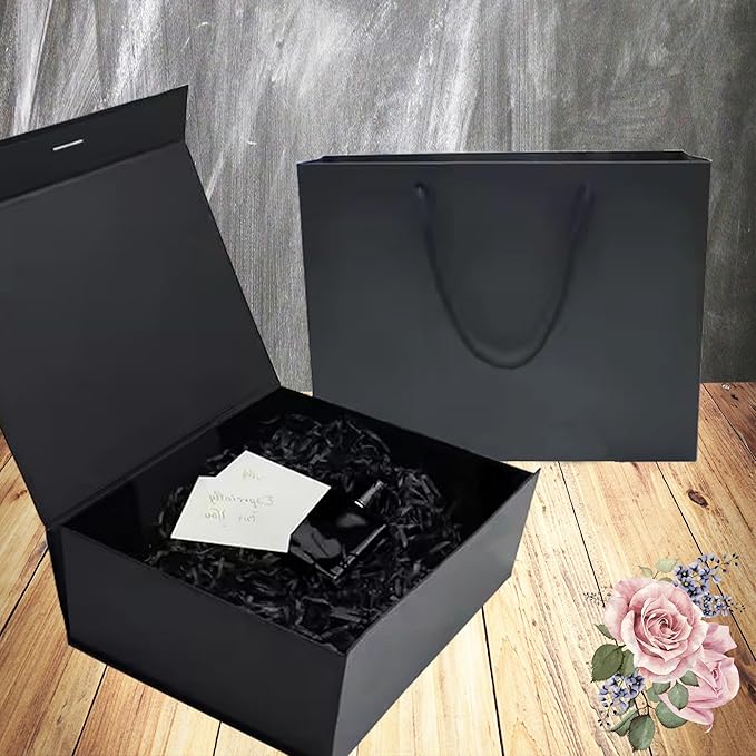 Luxury Black Gift Box with Gift Bag and Ribbon, Large Gift Boxes 32x20x10cm with Lid Magnetic Closure, Spacious Gift Boxes for Men, Women, Birthday, Wedding, Party, Valentine, Christmas, صندوق هدايا