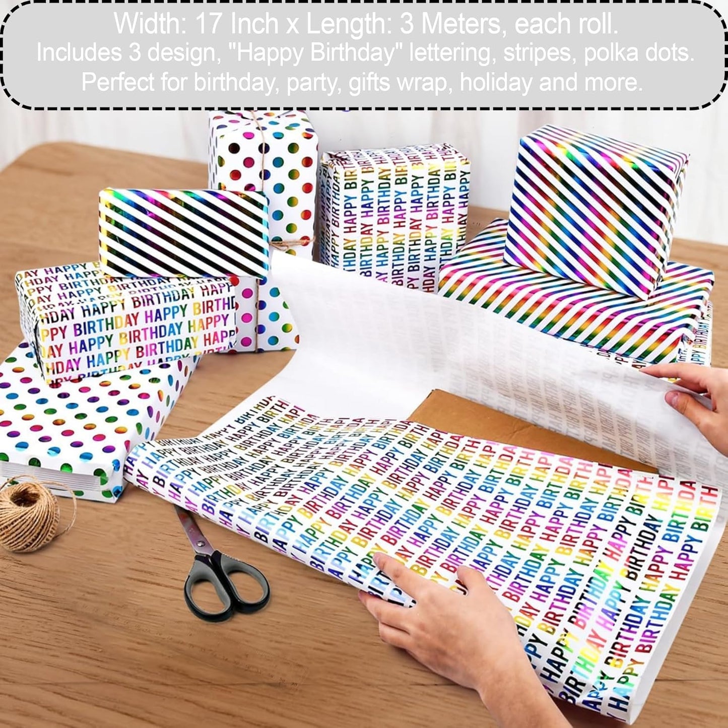 Birthday Wrapping Paper Rolls, 3 rolls 43CM x 3M Per Roll, Gift Wrapping Paper Colorful Birthday Design for Party, Holiday, Baby Shower, Thick Gift Wrap Paper ورق تغليف هدايا