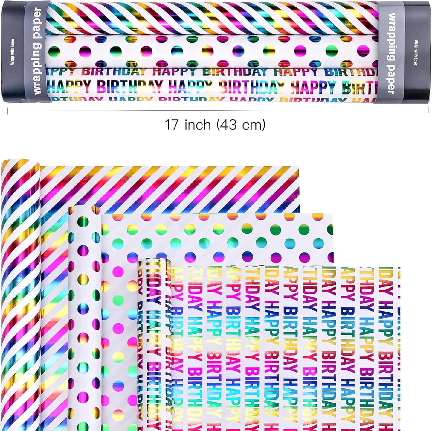 Birthday Wrapping Paper Rolls, 3 rolls 43CM x 3M Per Roll, Gift Wrapping Paper Colorful Birthday Design for Party, Holiday, Baby Shower, Thick Gift Wrap Paper ورق تغليف هدايا