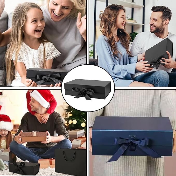 Luxury Black Gift Box with Gift Bag and Ribbon, Large Gift Boxes 32x20x10cm with Lid Magnetic Closure, Spacious Gift Boxes for Men, Women, Birthday, Wedding, Party, Valentine, Christmas, صندوق هدايا