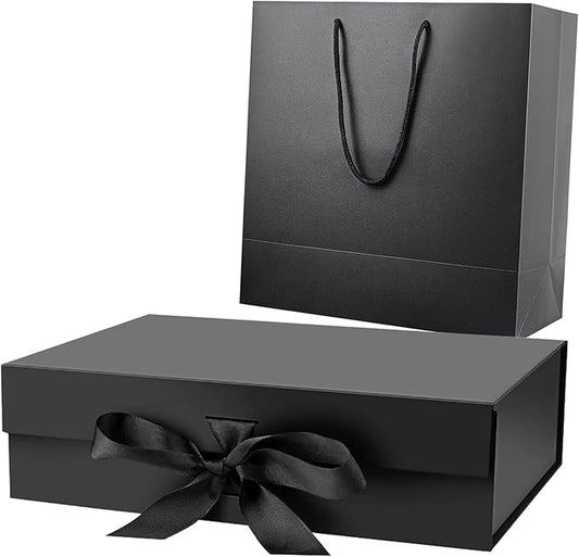 Luxury Black Gift Box with Gift Bag and Ribbon, Large Gift Boxes 32x20x10cm with Lid Magnetic Closure, Spacious Gift Boxes for Men, Women, Birthday, Wedding, Party, Valentine, Christmas, صندوق هدايا