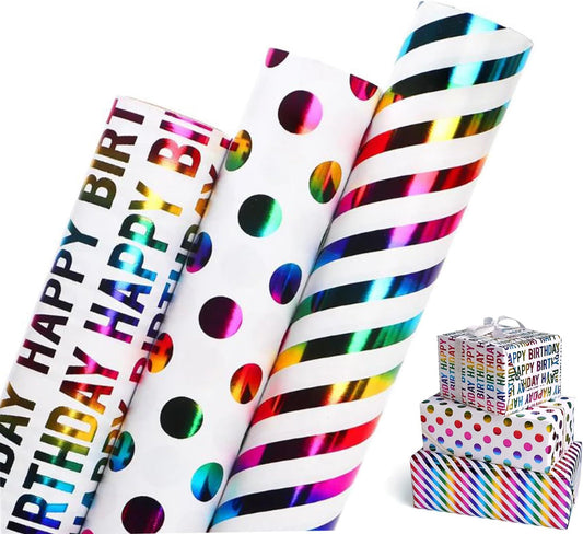 Birthday Wrapping Paper Rolls, 3 rolls 43CM x 3M Per Roll, Gift Wrapping Paper Colorful Birthday Design for Party, Holiday, Baby Shower, Thick Gift Wrap Paper ورق تغليف هدايا